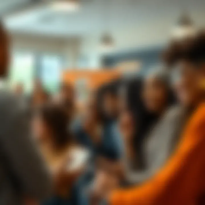 A diverse group of people engaging in a lively discussion about shared experiences in a community setting.