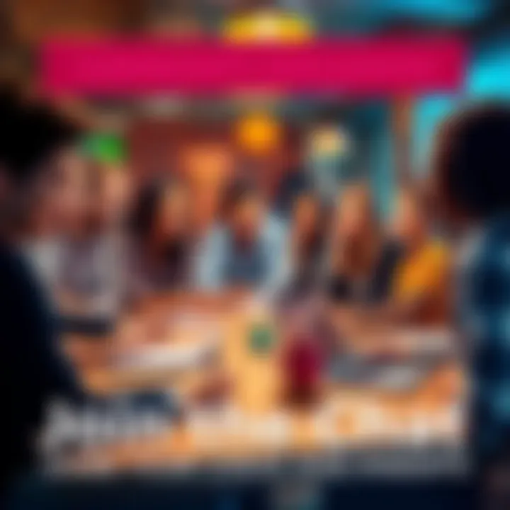 Community Discussion A group of diverse people engaging in a lively discussion, sharing ideas and insights around a table with notepads and laptops.