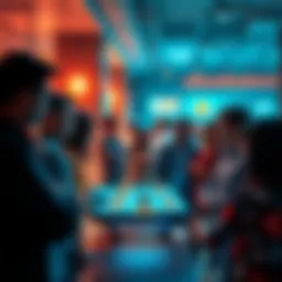 Community Engagement with Pawn System A group of people interacting around a digital platform featuring the pawn system, exchanging ideas and building connections in a lively environment.