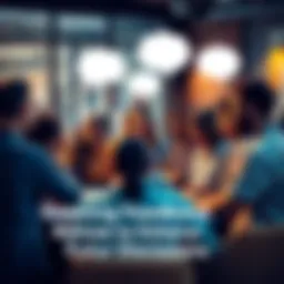 A group of diverse people sharing ideas and feedback in a discussion setting, with speech bubbles illustrating their thoughts.