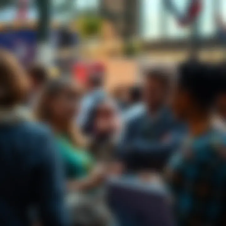 A group of diverse people engaging in conversation at a community event in Bausen, showcasing connection and interaction.