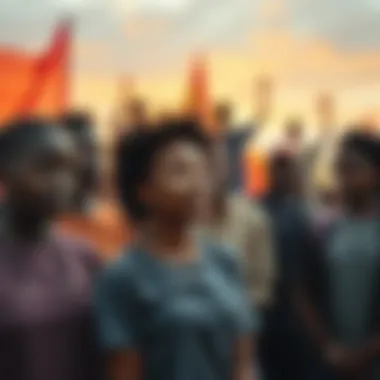 A diverse group of people standing together, showing solidarity and determination to improve their community.