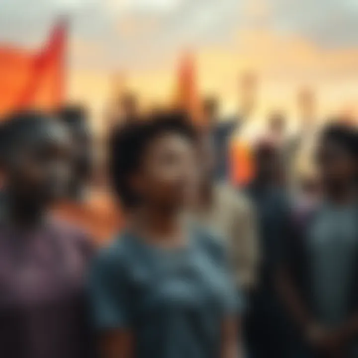 A diverse group of people standing together, showing solidarity and determination to improve their community.