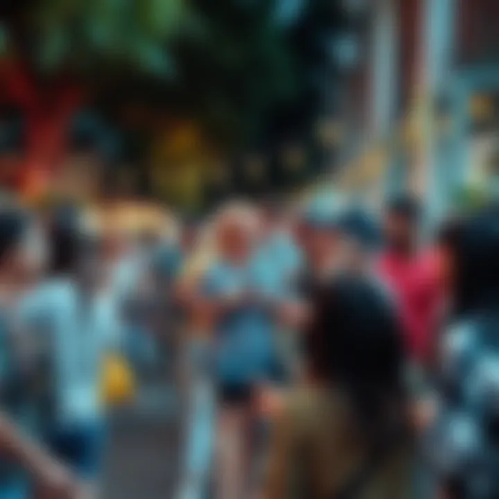 A diverse group of people sharing ideas in a lively outdoor setting, showcasing their creative connections.