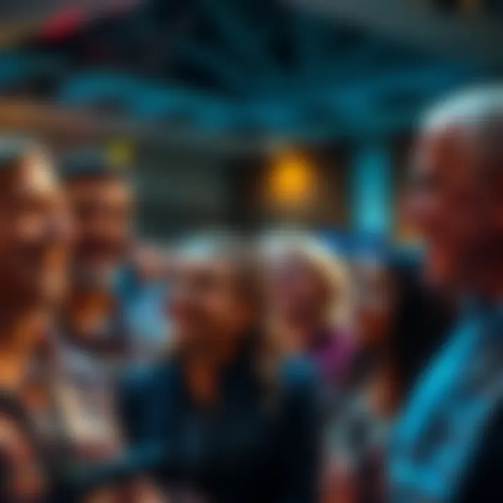 A group of people discussing the new Unique Selling Proposition in a lively forum setting, with expressions of excitement and curiosity.