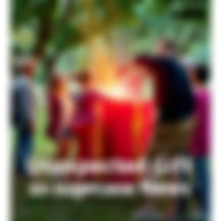 People gather around a large gift box in a park, showing excitement and curiosity about the surprise inside.