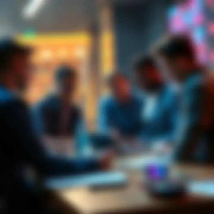 A group of people gathered around a table sharing ideas to solve unusual tech problems.