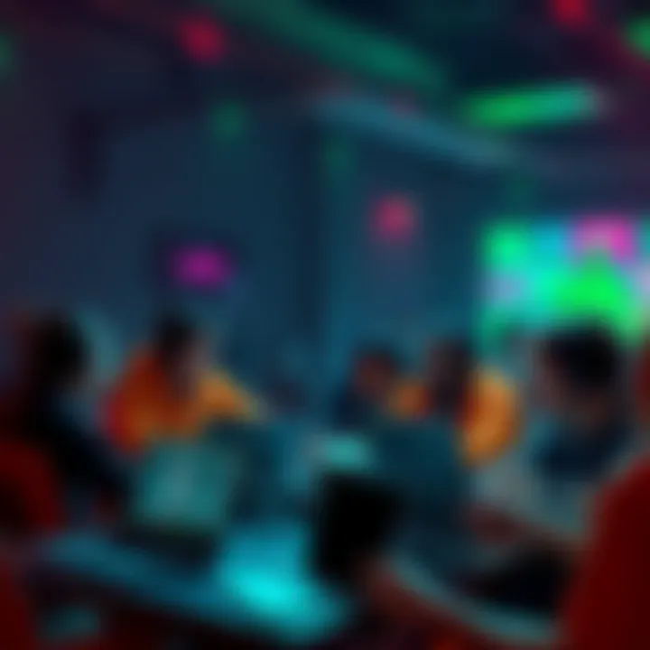 A group of gamers discussing theories about This Ain't Arc Raiders, with laptops and game consoles in a lively setting.