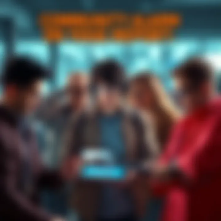 A group of concerned people discussing a bug report on their devices, showing visible frustration and urgency.