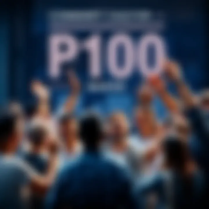 Community Calls for P100 Badge A group of diverse people discussing the need for a P100 badge in online forums, showing enthusiasm and raising their hands for recognition.