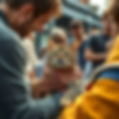 A group of people gathered around a cheerful cat, showing love and support in a joyful community setting