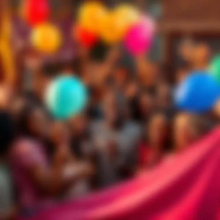 A diverse group of people celebrating a major breakthrough together with smiles and excitement, holding banners and balloons.