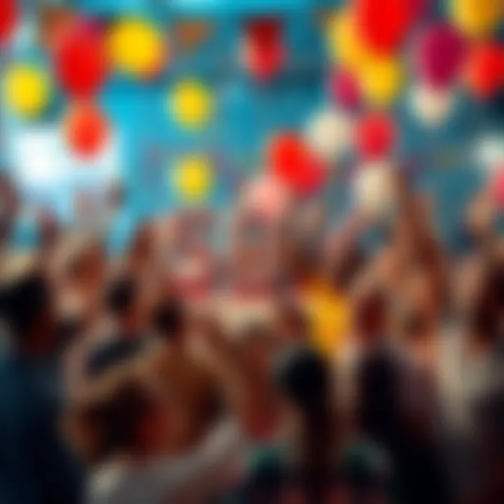 A group of diverse people joyfully celebrating with balloons and banners in a lively setting, marking the milestone of 50,000 members.