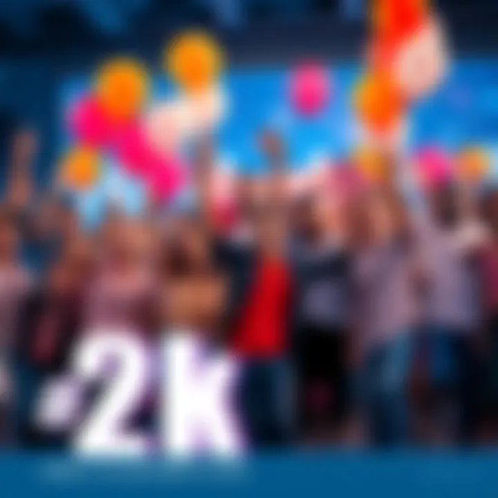 A group of happy people celebrating a milestone with balloons and banners
