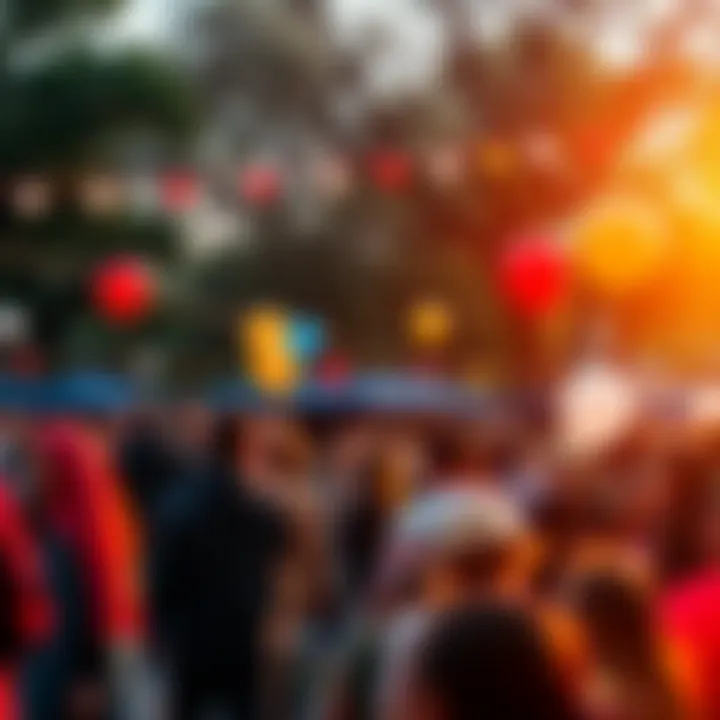 People gathered in a park enjoying a festive celebration with balloons and decorations.