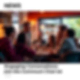 A diverse group of people chatting enthusiastically in a cozy setting, sharing ideas and laughing together.