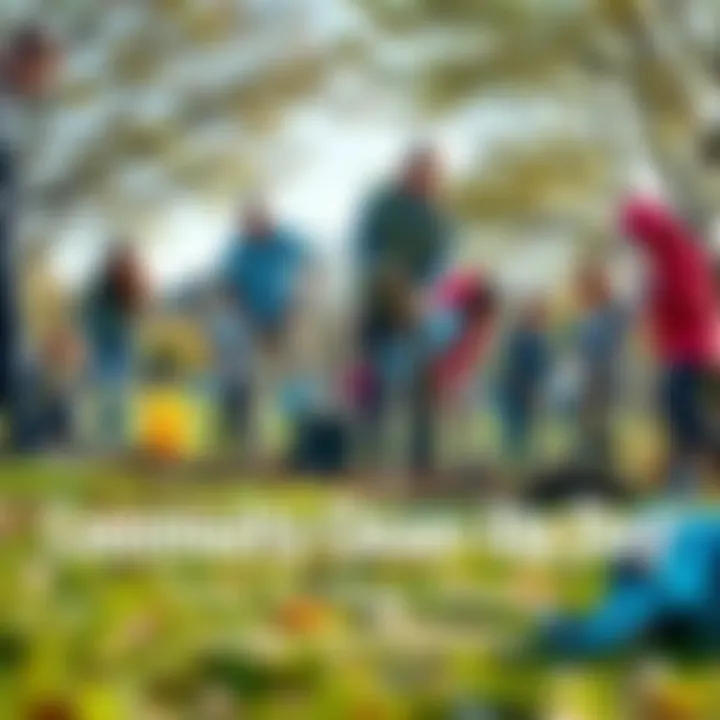 Community Clean-Up Day A group of people cleaning a park together, picking up trash and planting flowers, promoting a clean environment.