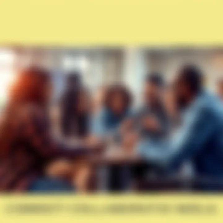 A group of diverse people gathered together sharing ideas and solutions during a discussion.