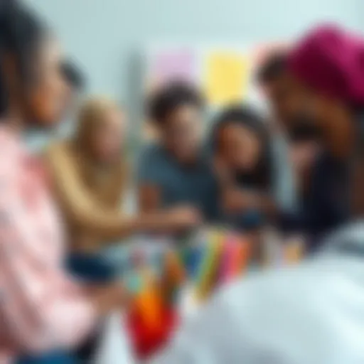 A group of diverse people working together on a creative project, sharing ideas and materials, surrounded by colorful art supplies.
