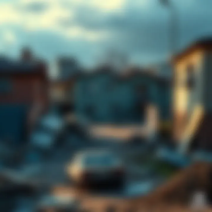 A view of damaged buildings and scattered debris in a neighborhood, showing the impact of a recent event on the community.