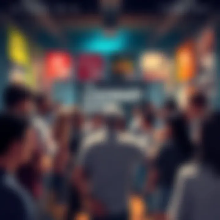 A group of people engaged in a lively discussion about the legendary feed pull, surrounded by banners and posters related to the topic.