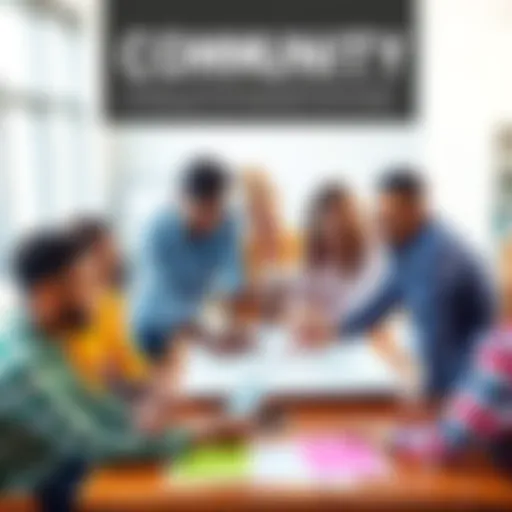 A diverse group of people collaborating on a community project with planning materials around them.