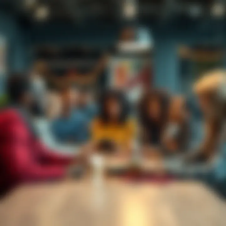 Community Engagement A diverse group of people sharing ideas around a table, smiling and discussing their experiences.