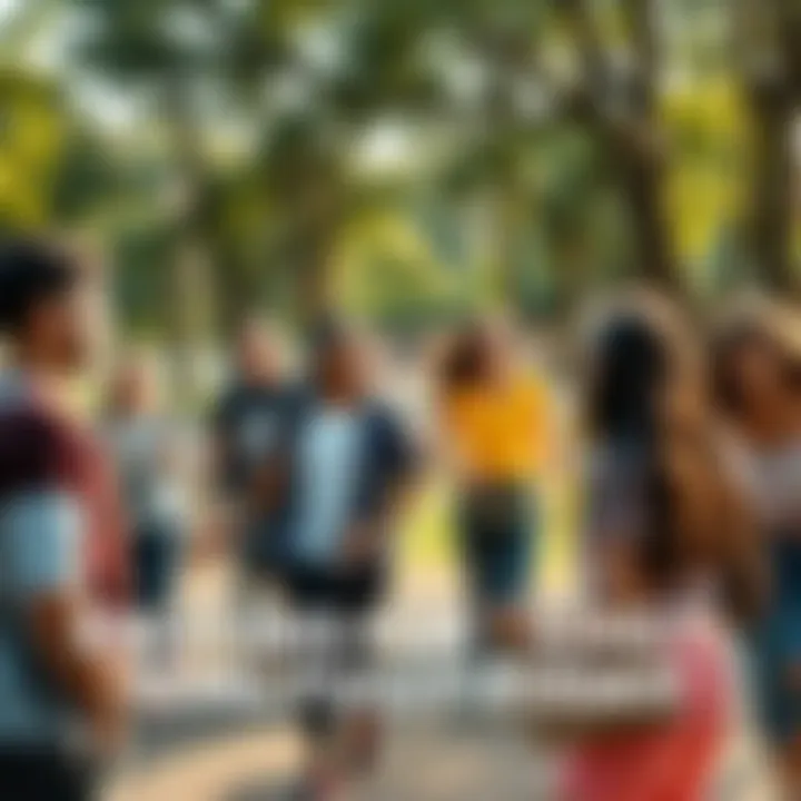 A diverse group of people participating in fun community engagement activities in a local park.