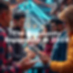 A diverse group of people using technology to connect at a community event