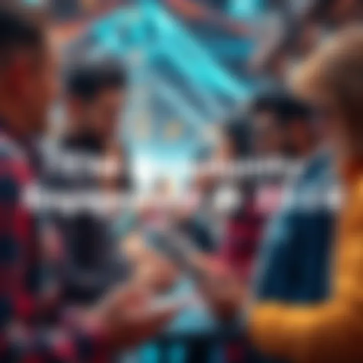 A diverse group of people using technology to connect at a community event