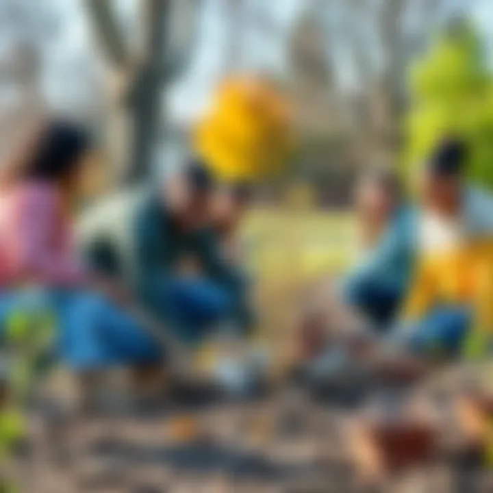 A diverse group of people planting trees and cleaning a park, showcasing community spirit and collaboration.