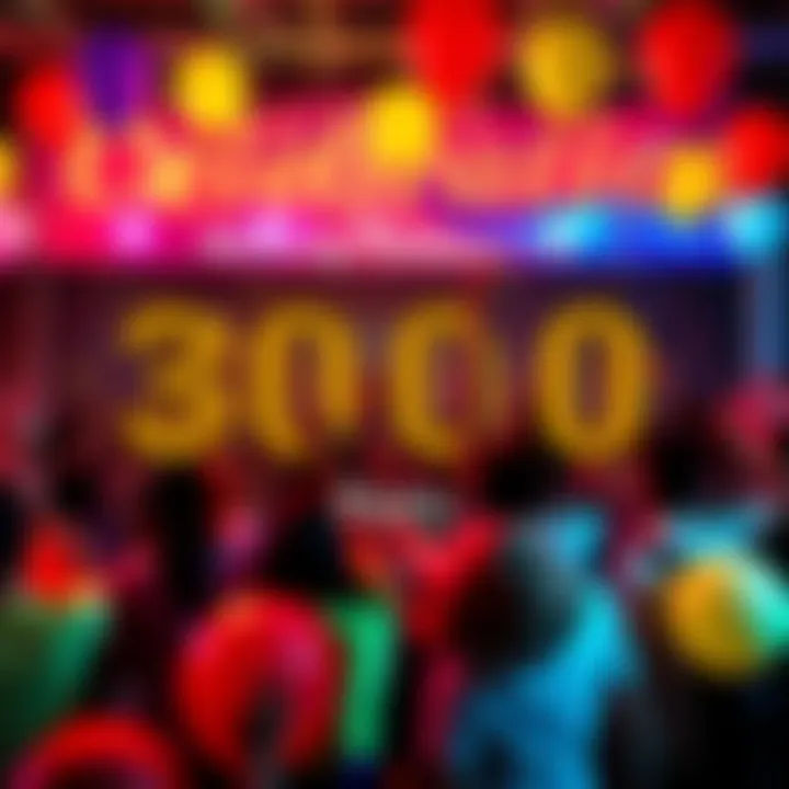 Members of a community celebrating reaching 3000 posts with banners and balloons in a lively atmosphere