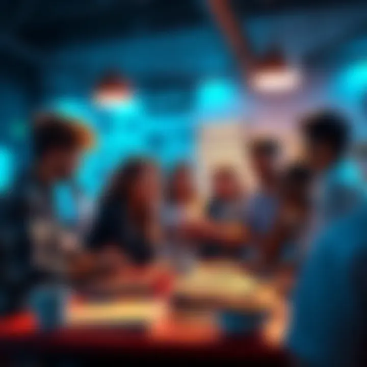 A group of people collaborating in a tech setting, discussing ideas and sharing enthusiasm about the Random SC beta program.