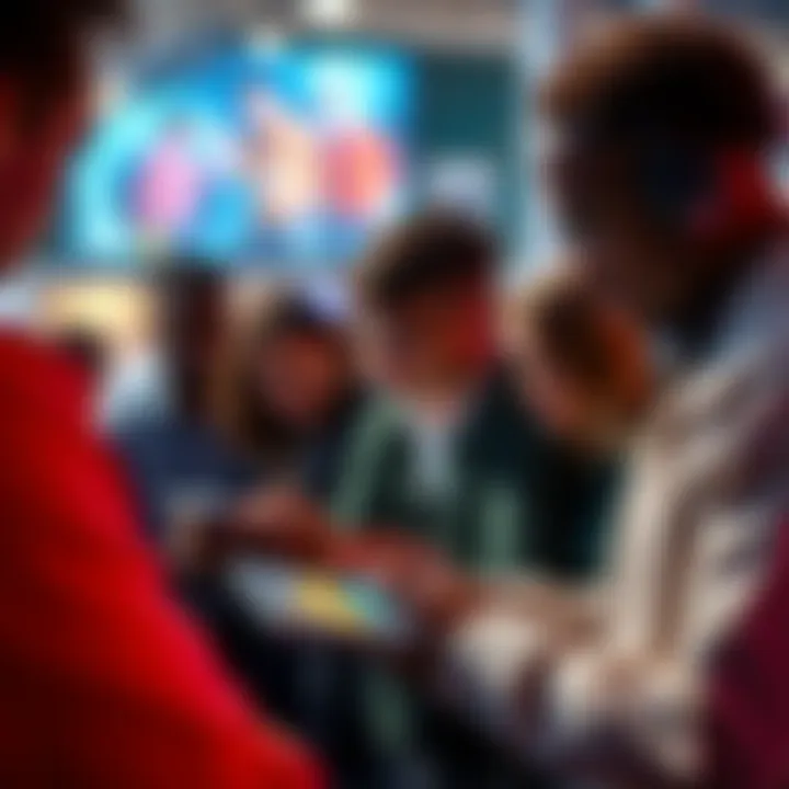 Community engagement tools A group of people using innovative tools for community engagement, showcasing technology and collaboration.