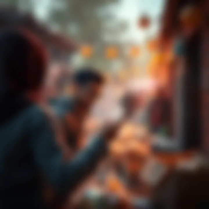 A player engaging in a vibrant first-person game, collecting food and medicine in a lively environment, aimed at helping communities.