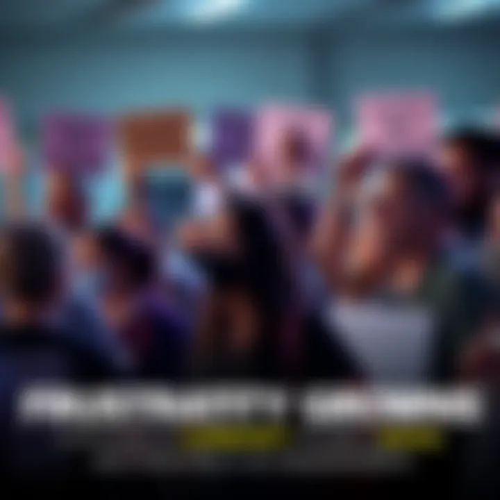 A group of people gathered, showing signs of frustration and concern over recent community changes, some holding signs for dialogue and resolution.