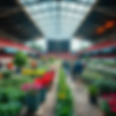 A vibrant community garden inside an old stadium in Taipei, with people planting flowers and vegetables.