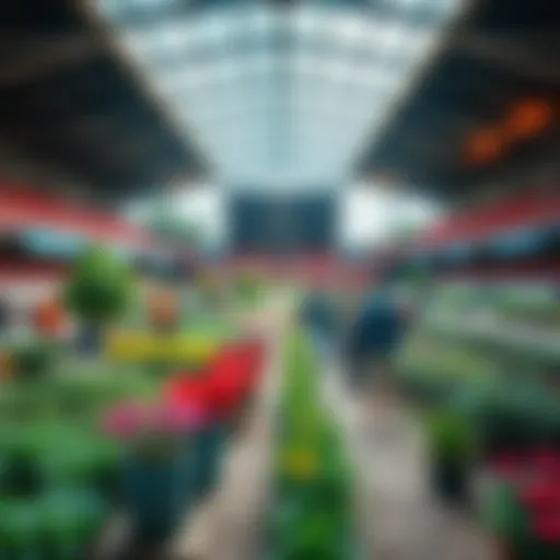 A vibrant community garden inside an old stadium in Taipei, with people planting flowers and vegetables.