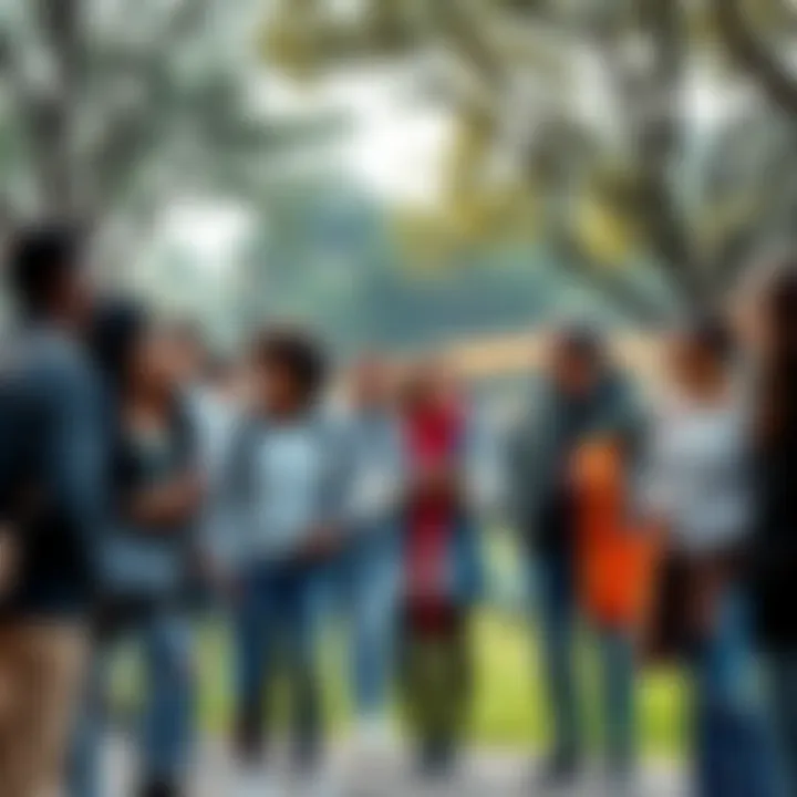 Community Gathering A diverse group of people standing together in a park, sharing smiles and engaging in conversation, symbolizing belonging and community.