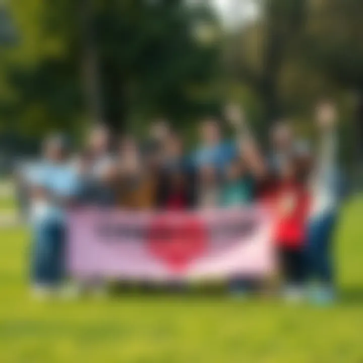 A group of people coming together in a park, showing support for Cheri with banners and smiles, creating a warm and friendly atmosphere.