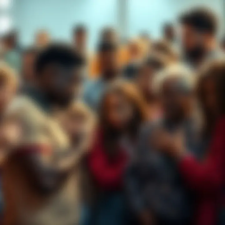 A diverse group of people standing together, sharing stories and memories, showing support during a community grieving process