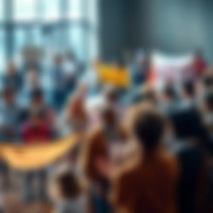 A diverse group of people stands together in a community meeting, holding banners and discussing important issues.