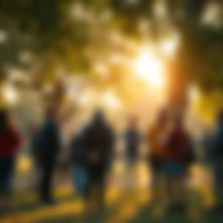 A group of people standing together in a park, sharing encouraging words and showing support for each other during a community event.