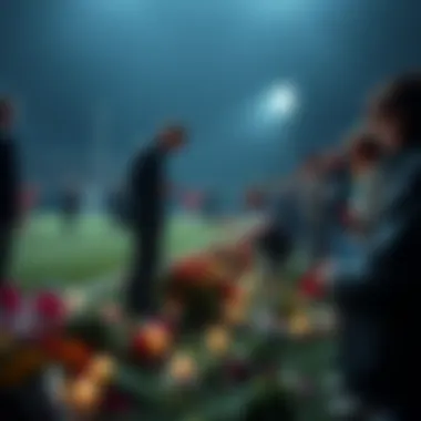 A group of people gathered at a football pitch, mourning the loss of a young streamer. Flowers and candles placed on the ground in remembrance.