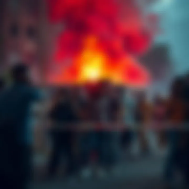 A devastated community gathers near the scene of a violent incident where Rebb killed Steve, showing signs of mourning and confusion.