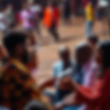 A diverse group of people discussing and sharing slang terms in a lively setting, highlighting their cultural interactions and connections.