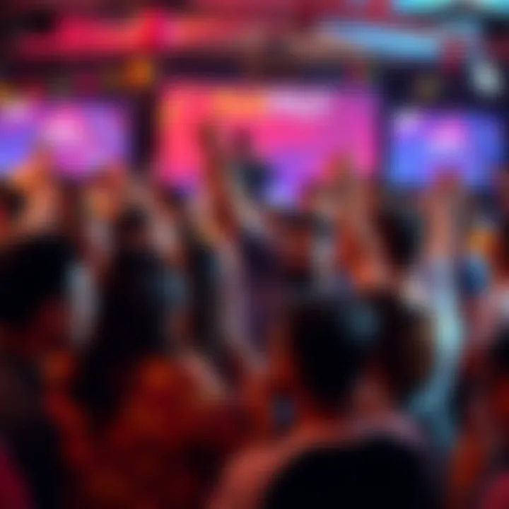 A diverse group of people celebrating together at a community launch event, with banners and decorations in the background.