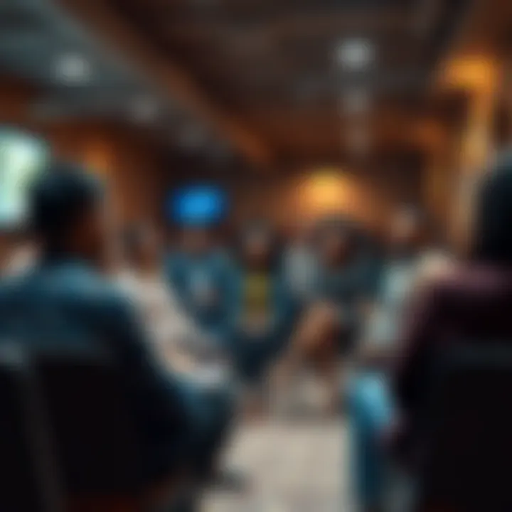 A diverse group of people discussing current events in a community center setting.