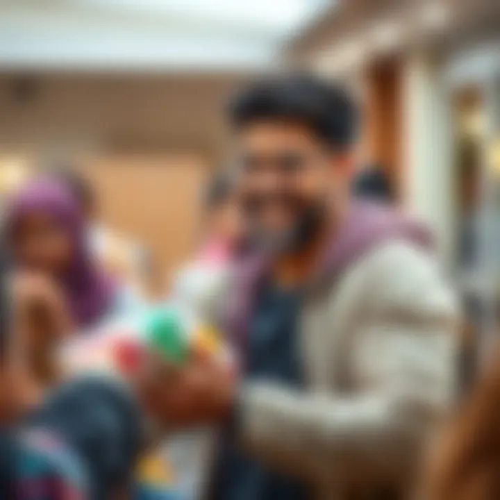 A person smiling while handing out free items to others in a community setting