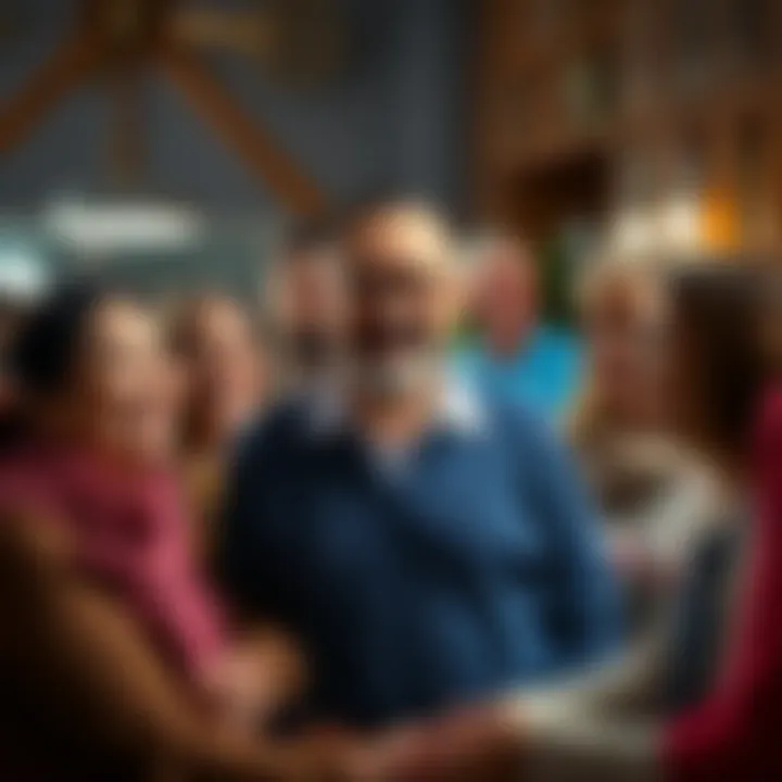 A kind man surrounded by smiling neighbors as they express their appreciation for his helpfulness and kindness in the community